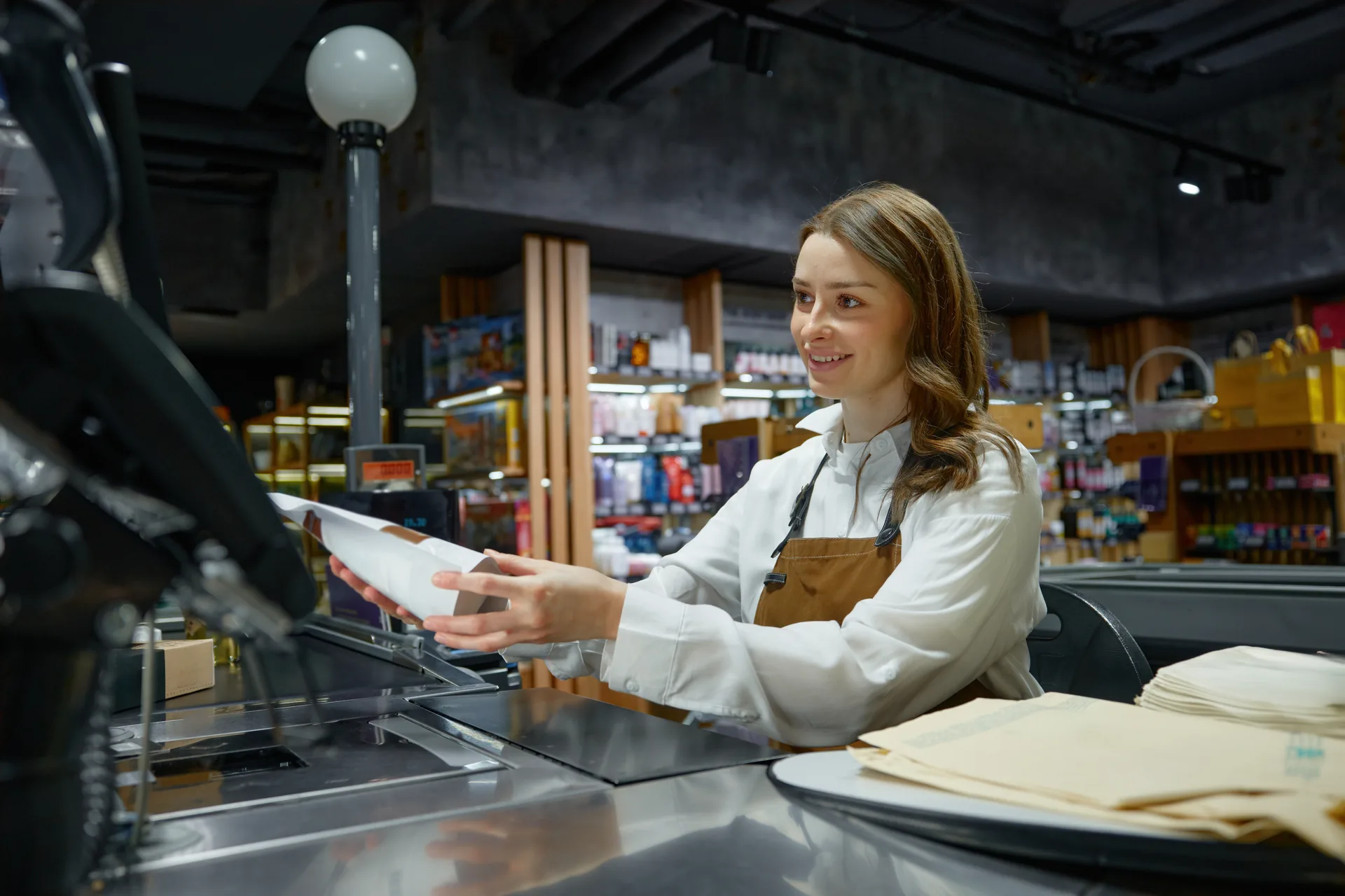 Shop assistant using an EPOS till at the counter of an independent shop